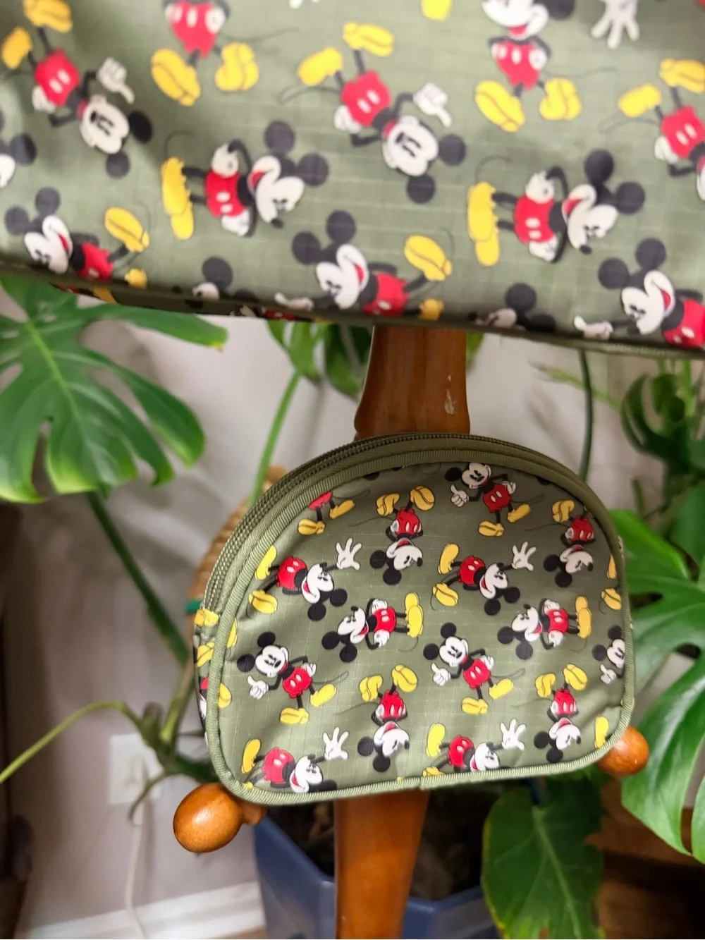 Vintage Disney Mickey Mouse Olive Green Nylon Shoulder Bag & Matching Pouch Set